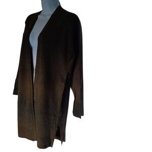 Womens L Sweater Open Front Long Duster Cardigan Olive Green FLowy Lightweight